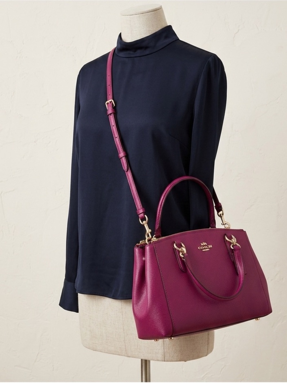 Coach Magenta Triple-Zip Leather Satchel with Gold Hardware